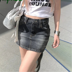 Cyflymder y2k outfit ideas American Retro Classic Washed Denim Skirt Summer Fashion Women’s Low Waisted Loose A-line