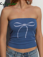 Cyflymder summer inspo Bow Print Cute Y2K Strapless Tube Top Women 2000s Kawaii Crop Top Summer Streetwear