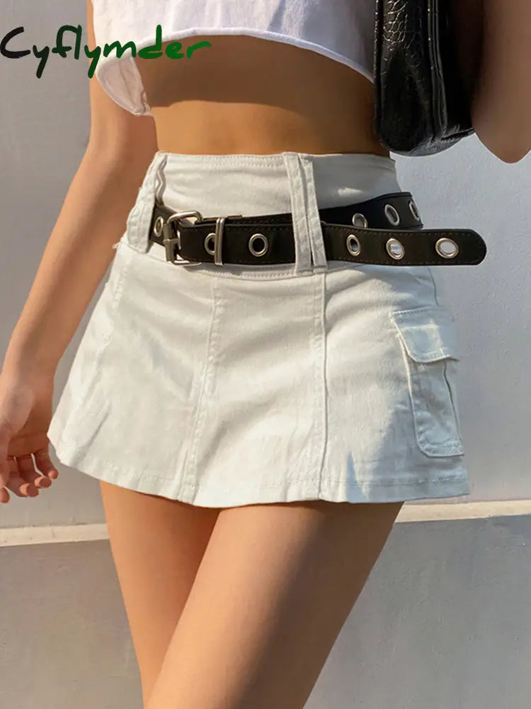 Cyflymder summer inspo Hot White A Line Y2K Denim Shorts Skirts Womens Black Side Pocket Casual Cargo Jean Skirt Simple