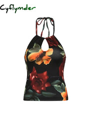 Cyflymder summer inspo Vintage Aesthetic Big Floral Print Slim Backless Tie Halter Top Women Summer Vacation Tank Vest