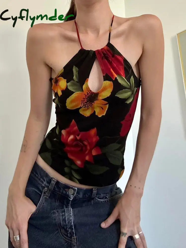 Cyflymder summer inspo Vintage Aesthetic Big Floral Print Slim Backless Tie Halter Top Women Summer Vacation Tank Vest
