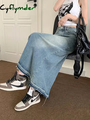 Cyflymder Y2k Raw Edge Stitch Maxi Denim Skirt Plain Casual High Waist Long Jeans Skirt Korean Dongdaemun Retro Women