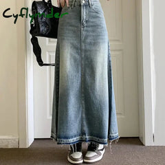 Cyflymder Y2k Raw Edge Stitch Maxi Denim Skirt Plain Casual High Waist Long Jeans Skirt Korean Dongdaemun Retro Women