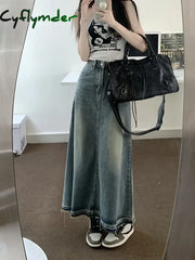 Cyflymder Y2k Raw Edge Stitch Maxi Denim Skirt Plain Casual High Waist Long Jeans Skirt Korean Dongdaemun Retro Women