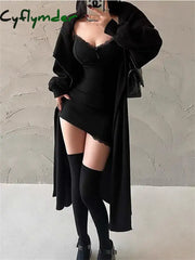 Cyflymder Y2K Retro Lace Patchwork Spaghetti Strap Black Bodycon Dress Mini Fashion Aesthetic Bow