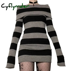 Cyflymder Y2K Striped Sweater Mini Dress Mall Goth Grunge Emo Bodycon Chic Women Off Shoulder Full