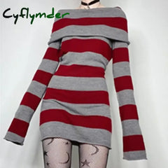 Cyflymder Y2K Striped Sweater Mini Dress Mall Goth Grunge Emo Bodycon Chic Women Off Shoulder Full