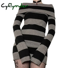 Cyflymder Y2K Striped Sweater Mini Dress Mall Goth Grunge Emo Bodycon Chic Women Off Shoulder Full
