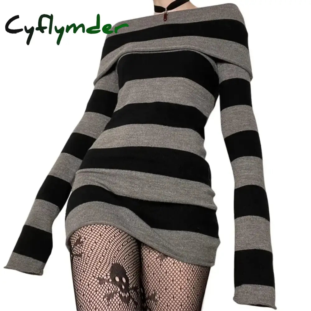 Cyflymder Y2K Striped Sweater Mini Dress Mall Goth Grunge Emo Bodycon Chic Women Off Shoulder Full