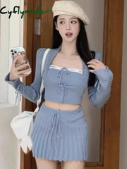 Cyflymder Y2k Sweet Outfits Woman Solid Knitted Cropped Patchwork Vest + Slim Cardigan + Mini Pleated Skirt Spring
