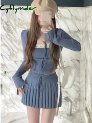 Cyflymder Y2k Sweet Outfits Woman Solid Knitted Cropped Patchwork Vest + Slim Cardigan + Mini Pleated Skirt Spring