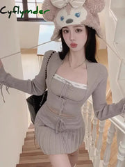 Cyflymder Y2k Sweet Outfits Woman Solid Knitted Cropped Patchwork Vest + Slim Cardigan + Mini Pleated Skirt Spring