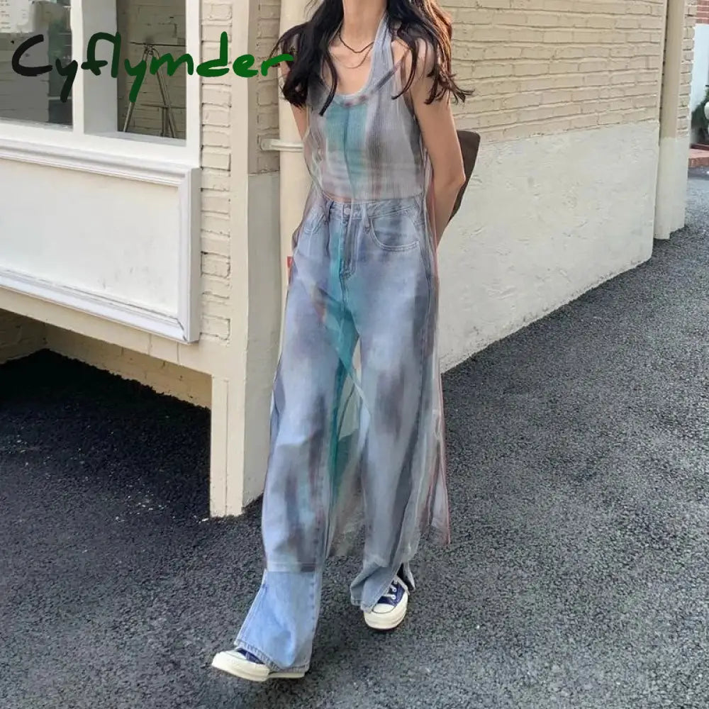 Y2K Tie Dye Tulle Sheer Dress Women Sexy Spaghetti Strap Midi Dress Streetwear Harajuku Mesh See Through Loose Sundress