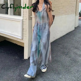 Y2K Tie Dye Tulle Sheer Dress Women Sexy Spaghetti Strap Midi Dress Streetwear Harajuku Mesh See Through Loose Sundress