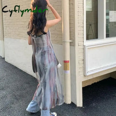 Cyflymder Y2K Tie Dye Tulle Sheer Dress Women Sexy Spaghetti Strap Midi Streetwear Harajuku Mesh