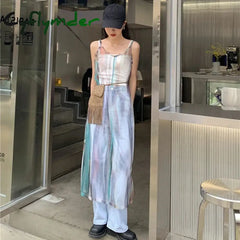 Cyflymder Y2K Tie Dye Tulle Sheer Dress Women Sexy Spaghetti Strap Midi Streetwear Harajuku Mesh