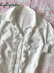 Cyflymder Y2k Tops T shirt 90s Vintage Clothes Women White Punk Slim Bow Aesthetic Lace Harajuku Girl Tees Crop Top