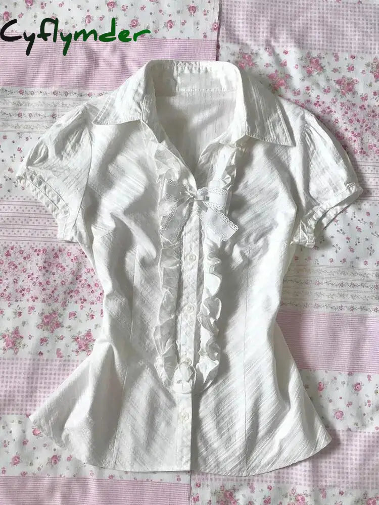 Cyflymder Y2k Tops T shirt 90s Vintage Clothes Women White Punk Slim Bow Aesthetic Lace Harajuku Girl Tees Crop Top