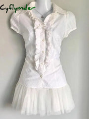 Cyflymder Y2k Tops T shirt 90s Vintage Clothes Women White Punk Slim Bow Aesthetic Lace Harajuku Girl Tees Crop Top