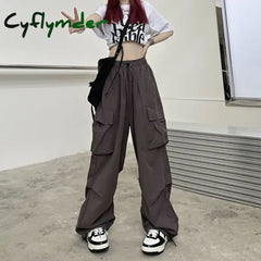 Cyflymder Y2K Trousers Women Cargo Pants Straight Wide Leg Drawstring Oversize Pockets Kpop High