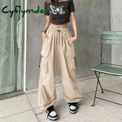 Cyflymder Y2K Trousers Women Cargo Pants Straight Wide Leg Drawstring Oversize Pockets Kpop High