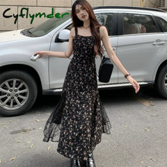 Cyflymder Y2K Vintage Black Floral Dresses Women Korean Irregular Split Sexy Sleeveless Mesh Camis