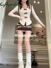 Cyflymder Y2k Vintage Design 2 Piece Set Sweet Cute Slim Bow Tops + Lace Polka Dot Mini Skirt Autumn Japanese Sweet