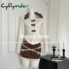Cyflymder Y2k Vintage Design 2 Piece Set Sweet Cute Slim Bow Tops + Lace Polka Dot Mini Skirt Autumn Japanese Sweet