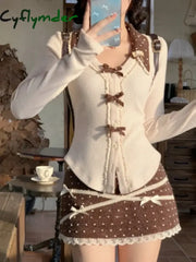 Cyflymder Y2k Vintage Design 2 Piece Set Sweet Cute Slim Bow Tops + Lace Polka Dot Mini Skirt Autumn Japanese Sweet