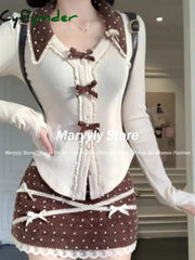 Cyflymder Y2k Vintage Design 2 Piece Set Sweet Cute Slim Bow Tops + Lace Polka Dot Mini Skirt Autumn Japanese Sweet