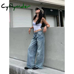 Cyflymder Y2K Vintage High Waisted Blue Washed And Distressed Jeans Fashion Harajuku Baggy Straight