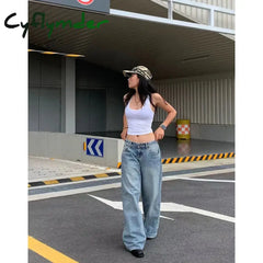 Cyflymder Y2K Vintage High Waisted Blue Washed And Distressed Jeans Fashion Harajuku Baggy Straight