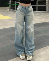 Y2k Vintage High Waisted Blue Washed and Distressed Jeans Fashion Harajuku Baggy Straight Pants Casual Classic Trousers New