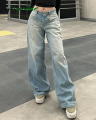 Cyflymder Y2K Vintage High Waisted Blue Washed And Distressed Jeans Fashion Harajuku Baggy Straight