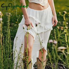 Cyflymder Y2K White Trim Midi Skirts Women Split Low Waisted Tie Up Long Fairycore Summer French