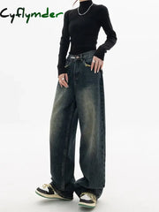 Cyflymder Y2K Women Vintage Streetwear Korean Baggy Blue Jeans High Waist Straight Wide Leg Pants