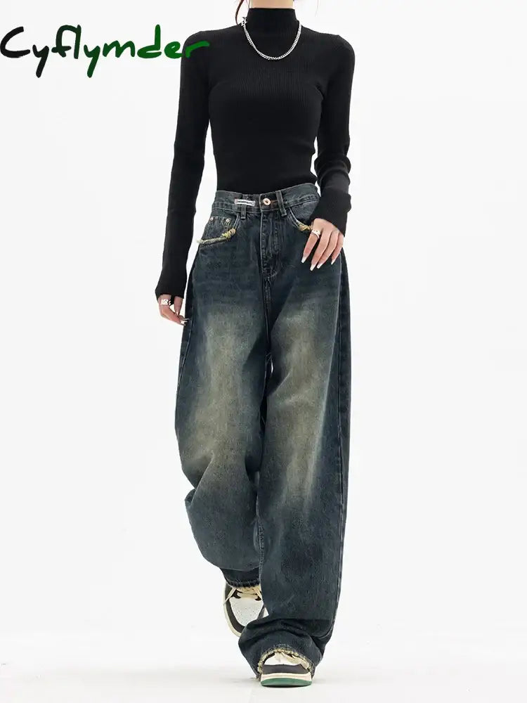 Cyflymder Y2K Women Vintage Streetwear Korean Baggy Blue Jeans High Waist Straight Wide Leg Pants