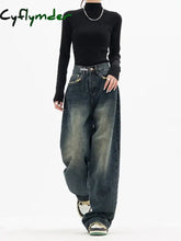Cyflymder Y2K Women Vintage Streetwear Korean Baggy Blue Jeans High Waist Straight Wide Leg Pants