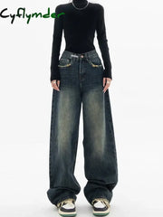 Cyflymder Y2K Women Vintage Streetwear Korean Baggy Blue Jeans High Waist Straight Wide Leg Pants