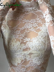 Cyflymder Y2k Women’s Lace Crop Tops Fairy Grunge White Long Sleeve Mock Neck Mesh See Through Floral Slim T-shirts