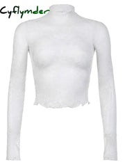 Cyflymder Y2k Women’s Lace Crop Tops Fairy Grunge White Long Sleeve Mock Neck Mesh See Through Floral Slim T-shirts