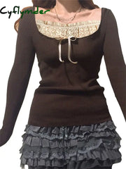 Y2k Women's Long Sleeve Knitted Tops Lace Stitching Neckline Knitwear Bowknot Decoration Slim-Fit Tshirt Pullovers Clubwear Cyflymder