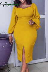 Cyflymder - Yellow Casual Elegant Solid Patchwork Slit Square Collar One Step Skirt Dresses / S