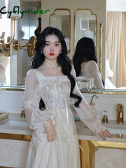 Cyflymder Yellow Sweet Korean Style Fairy Dress French Vintage Elegant Fairy Dress Women Summer Long Sleeve Evening