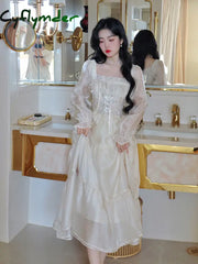 Cyflymder Yellow Sweet Korean Style Fairy Dress French Vintage Elegant Fairy Dress Women Summer Long Sleeve Evening