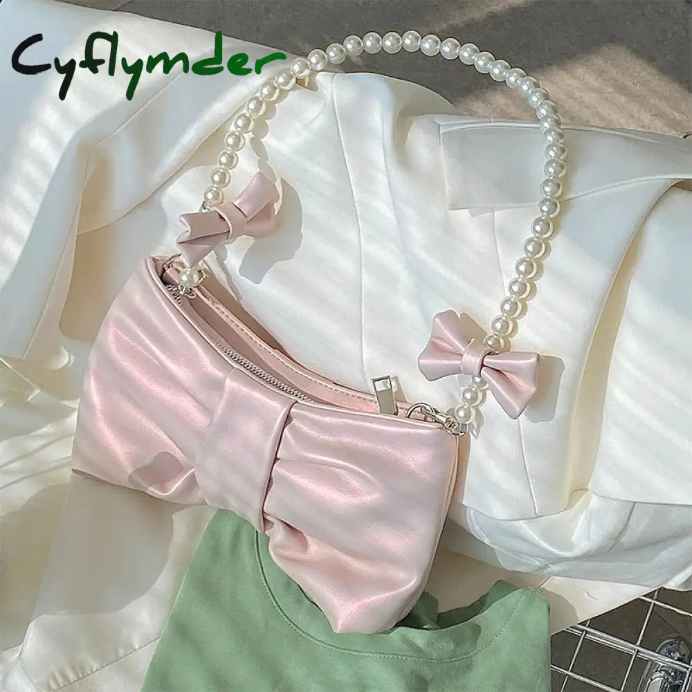 Cyflymdergirly Pearl Bow Cute Underarm Bag Fairy Women’s Small Pink Shoulder Soft Pu Leather