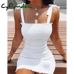 Trendy Solid Strap Short White Dresses Off Shoulder Sexy Skirt Pullover Sheath Mini Summer Beach Female Vest Dress