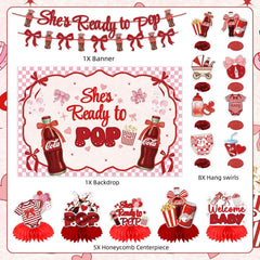 Lanfubeisi Shes Ready to Pop Baby Shower Decorations – 23PCS Retro Soda Theme Party Supplies Set with Backdrop, Banner, Honeycomb Centerpieces & Hanging Swirls