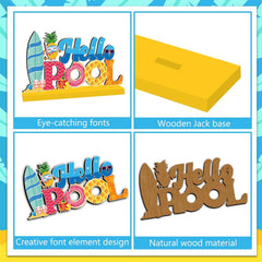 Lanfubeisi Pool Party Decorations Wood Table Centerpieces – 4pcs Hello Summer Splish Splash Hawaii Tropic Wooden Tabletop Decor for Summer Party Holiday