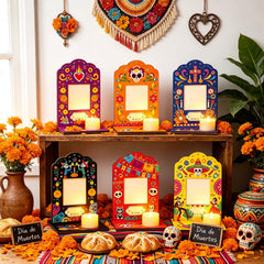 Lanfubeisi 6 Pcs Dia De Los Muertos Decorations Picture Frames, Day of the Dead Ofrenda Altar Decor with Tealight Base for Tabletop Fiesta Party